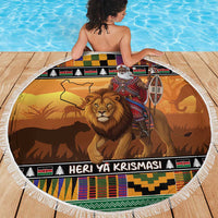 Kenya Safari Christmas Beach Blanket Black Santa Riding Lion - Heri ya Krismasi - Wonder Print Shop