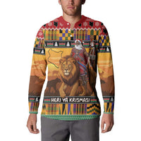 Kenya Safari Christmas Button Sweatshirt Black Santa Riding Lion - Heri ya Krismasi - Wonder Print Shop