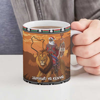 Kenya Safari Christmas Ceramic Mug Black Santa Riding Lion - Heri ya Krismasi - Wonder Print Shop