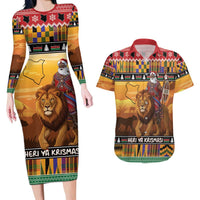 Kenya Safari Christmas Couples Matching Long Sleeve Bodycon Dress and Hawaiian Shirt Black Santa Riding Lion - Heri ya Krismasi - Wonder Print Shop