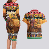 Kenya Safari Christmas Couples Matching Long Sleeve Bodycon Dress and Hawaiian Shirt Black Santa Riding Lion - Heri ya Krismasi - Wonder Print Shop