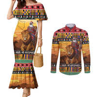 Kenya Safari Christmas Couples Matching Mermaid Dress and Long Sleeve Button Shirt Black Santa Riding Lion - Heri ya Krismasi - Wonder Print Shop