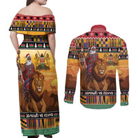 Kenya Safari Christmas Couples Matching Off Shoulder Maxi Dress and Long Sleeve Button Shirt Black Santa Riding Lion - Heri ya Krismasi - Wonder Print Shop