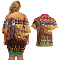 Kenya Safari Christmas Couples Matching Off Shoulder Short Dress and Hawaiian Shirt Black Santa Riding Lion - Heri ya Krismasi - Wonder Print Shop