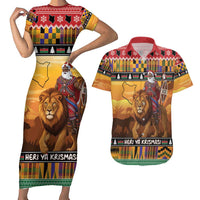 Kenya Safari Christmas Couples Matching Short Sleeve Bodycon Dress and Hawaiian Shirt Black Santa Riding Lion - Heri ya Krismasi - Wonder Print Shop