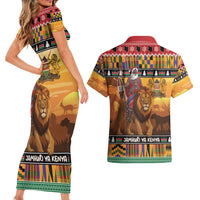 Kenya Safari Christmas Couples Matching Short Sleeve Bodycon Dress and Hawaiian Shirt Black Santa Riding Lion - Heri ya Krismasi - Wonder Print Shop
