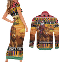 Kenya Safari Christmas Couples Matching Short Sleeve Bodycon Dress and Long Sleeve Button Shirt Black Santa Riding Lion - Heri ya Krismasi - Wonder Print Shop