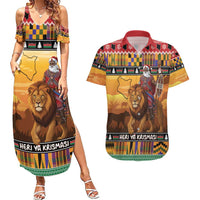 Kenya Safari Christmas Couples Matching Summer Maxi Dress and Hawaiian Shirt Black Santa Riding Lion - Heri ya Krismasi - Wonder Print Shop