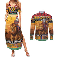 Kenya Safari Christmas Couples Matching Summer Maxi Dress and Long Sleeve Button Shirt Black Santa Riding Lion - Heri ya Krismasi - Wonder Print Shop