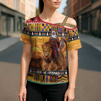 Kenya Safari Christmas Cross Shoulder Shirt Black Santa Riding Lion - Heri ya Krismasi - Wonder Print Shop