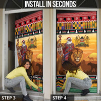 Kenya Safari Christmas Door Cover Black Santa Riding Lion - Heri ya Krismasi - Wonder Print Shop