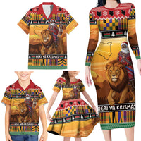 Kenya Safari Christmas Family Matching Long Sleeve Bodycon Dress and Hawaiian Shirt Black Santa Riding Lion - Heri ya Krismasi - Wonder Print Shop