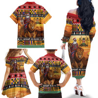 Kenya Safari Christmas Family Matching Off The Shoulder Long Sleeve Dress and Hawaiian Shirt Black Santa Riding Lion - Heri ya Krismasi - Wonder Print Shop