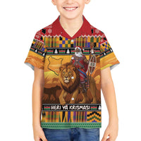 Kenya Safari Christmas Family Matching Off The Shoulder Long Sleeve Dress and Hawaiian Shirt Black Santa Riding Lion - Heri ya Krismasi - Wonder Print Shop