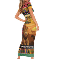 Kenya Safari Christmas Family Matching Short Sleeve Bodycon Dress and Hawaiian Shirt Black Santa Riding Lion - Heri ya Krismasi - Wonder Print Shop