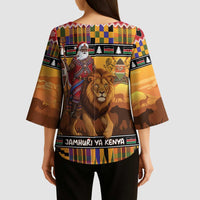 Kenya Safari Christmas Kimono Sleeve Blouse Black Santa Riding Lion - Heri ya Krismasi - Wonder Print Shop