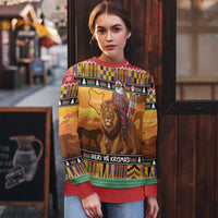 Kenya Safari Christmas Ugly Christmas Sweater Black Santa Riding Lion - Heri ya Krismasi - Wonder Print Shop
