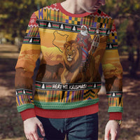 Kenya Safari Christmas Ugly Christmas Sweater Black Santa Riding Lion - Heri ya Krismasi - Wonder Print Shop