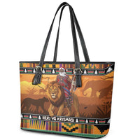 Kenya Safari Christmas Leather Tote Bag Black Santa Riding Lion - Heri ya Krismasi - Wonder Print Shop