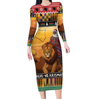 Kenya Safari Christmas Long Sleeve Bodycon Dress Black Santa Riding Lion - Heri ya Krismasi - Wonder Print Shop