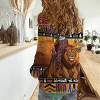 Kenya Safari Christmas Women Casual Shirt Black Santa Riding Lion - Heri ya Krismasi - Wonder Print Shop