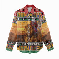 Kenya Safari Christmas Women Casual Shirt Black Santa Riding Lion - Heri ya Krismasi - Wonder Print Shop