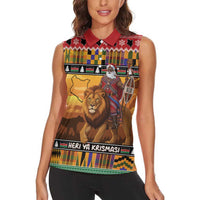 Kenya Safari Christmas Women Sleeveless Polo Shirt Black Santa Riding Lion - Heri ya Krismasi - Wonder Print Shop