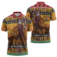 Kenya Safari Christmas Zipper Polo Shirt Black Santa Riding Lion - Heri ya Krismasi - Wonder Print Shop