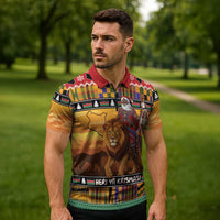 Kenya Safari Christmas Zipper Polo Shirt Black Santa Riding Lion - Heri ya Krismasi - Wonder Print Shop