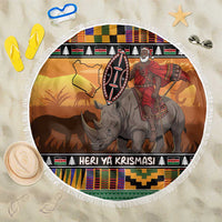 Kenya Safari Christmas Beach Blanket Black Santa Riding Rhinoceros - Heri ya Krismasi - Wonder Print Shop