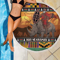 Kenya Safari Christmas Beach Blanket Black Santa Riding Rhinoceros - Heri ya Krismasi - Wonder Print Shop