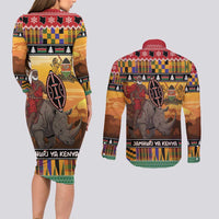 Kenya Safari Christmas Couples Matching Long Sleeve Bodycon Dress and Long Sleeve Button Shirt Black Santa Riding Rhinoceros - Heri ya Krismasi - Wonder Print Shop