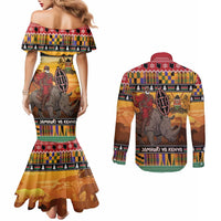 Kenya Safari Christmas Couples Matching Mermaid Dress and Long Sleeve Button Shirt Black Santa Riding Rhinoceros - Heri ya Krismasi - Wonder Print Shop