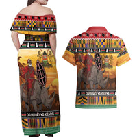 Kenya Safari Christmas Couples Matching Off Shoulder Maxi Dress and Hawaiian Shirt Black Santa Riding Rhinoceros - Heri ya Krismasi - Wonder Print Shop