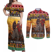 Kenya Safari Christmas Couples Matching Off Shoulder Maxi Dress and Long Sleeve Button Shirt Black Santa Riding Rhinoceros - Heri ya Krismasi - Wonder Print Shop