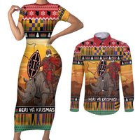 Kenya Safari Christmas Couples Matching Short Sleeve Bodycon Dress and Long Sleeve Button Shirt Black Santa Riding Rhinoceros - Heri ya Krismasi - Wonder Print Shop