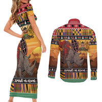 Kenya Safari Christmas Couples Matching Short Sleeve Bodycon Dress and Long Sleeve Button Shirt Black Santa Riding Rhinoceros - Heri ya Krismasi - Wonder Print Shop