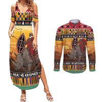 Kenya Safari Christmas Couples Matching Summer Maxi Dress and Long Sleeve Button Shirt Black Santa Riding Rhinoceros - Heri ya Krismasi - Wonder Print Shop