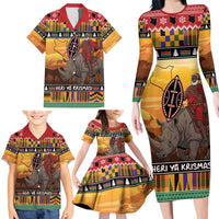 Kenya Safari Christmas Family Matching Long Sleeve Bodycon Dress and Hawaiian Shirt Black Santa Riding Rhinoceros - Heri ya Krismasi - Wonder Print Shop