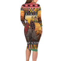 Kenya Safari Christmas Family Matching Long Sleeve Bodycon Dress and Hawaiian Shirt Black Santa Riding Rhinoceros - Heri ya Krismasi - Wonder Print Shop