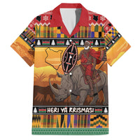 Kenya Safari Christmas Family Matching Off The Shoulder Long Sleeve Dress and Hawaiian Shirt Black Santa Riding Rhinoceros - Heri ya Krismasi - Wonder Print Shop