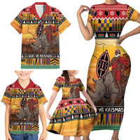 Kenya Safari Christmas Family Matching Short Sleeve Bodycon Dress and Hawaiian Shirt Black Santa Riding Rhinoceros - Heri ya Krismasi - Wonder Print Shop
