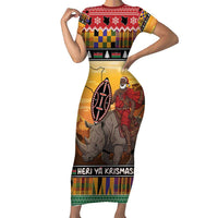 Kenya Safari Christmas Family Matching Short Sleeve Bodycon Dress and Hawaiian Shirt Black Santa Riding Rhinoceros - Heri ya Krismasi - Wonder Print Shop