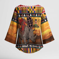 Kenya Safari Christmas Kimono Sleeve Blouse Black Santa Riding Rhinoceros - Heri ya Krismasi - Wonder Print Shop