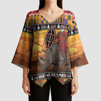 Kenya Safari Christmas Kimono Sleeve Blouse Black Santa Riding Rhinoceros - Heri ya Krismasi - Wonder Print Shop