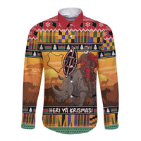 Kenya Safari Christmas Long Sleeve Button Shirt Black Santa Riding Rhinoceros - Heri ya Krismasi - Wonder Print Shop