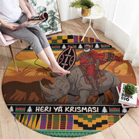 Kenya Safari Christmas Round Carpet Black Santa Riding Rhinoceros - Heri ya Krismasi - Wonder Print Shop