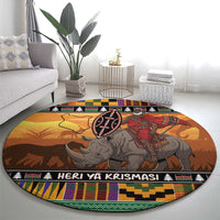 Kenya Safari Christmas Round Carpet Black Santa Riding Rhinoceros - Heri ya Krismasi - Wonder Print Shop