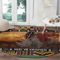 Kenya Safari Christmas Round Carpet Black Santa Riding Rhinoceros - Heri ya Krismasi - Wonder Print Shop