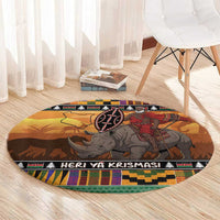 Kenya Safari Christmas Round Carpet Black Santa Riding Rhinoceros - Heri ya Krismasi - Wonder Print Shop